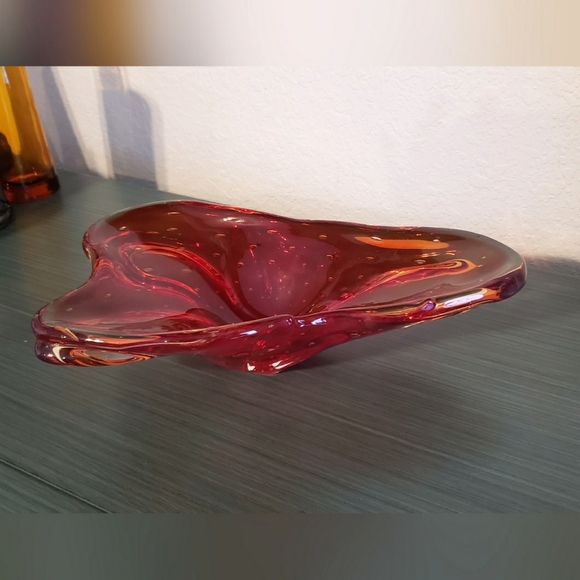 Handblown Red Art Glass Mid-Century Modern Atomic Bubble Vintage Ashtray Decor - Picture 11 of 11